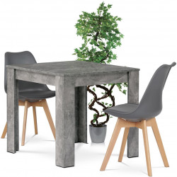 Jídelní set 1+2, stůl 80x80 cm, MDF, dekor beton, židle šedý plast, šedá ekokůže, nohy masiv buk, přírodní odstín CERES