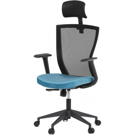 Kancelářská židle, černá MESH síťovina, světle modrá látka, houpací mechanismus, plastový kříž, kolečka pro tvrdé podlah KA-V328
