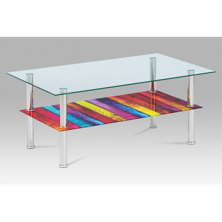 Konferenční stolek 100x60x43 cm, čiré sklo, police duha, nerez