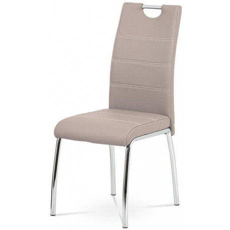 Jídelní židle, potah lanýžová ekokůže, bílé prošití, kovová čtyřnohá chromovaná HC-484 LAN