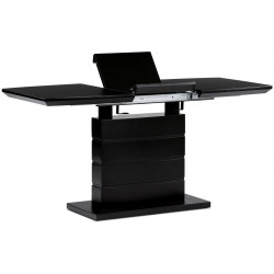 Jídelní stůl 110+40x70 cm, černá 4 mm skleněná deska, MDF, černý matný lak HT-420 BK