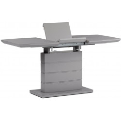 Jídelní stůl 110+40x70 cm, šedá 4 mm skleněná deska, MDF, šedý matný lak HT-420 GREY